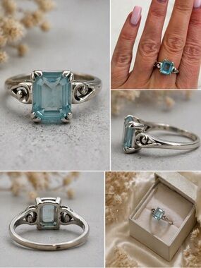 Vintage Avon Silver Tone Blue Emerald Cut Ring Heart Accent Size 7.5